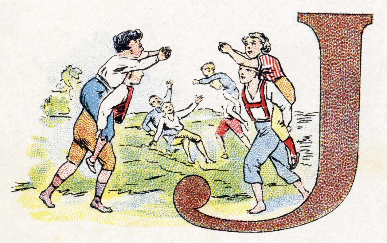 Lettre J : Jeu. Alphabet de Phosphatine Falières. Gravure. Alphabet breveté S.G.D.G. par le pharmacien Pierre Émile Falières. Illustrations en chromolithographie, fin 19ème siècle. 16 pages. Dim : 103x154 mm. - Unbekannt