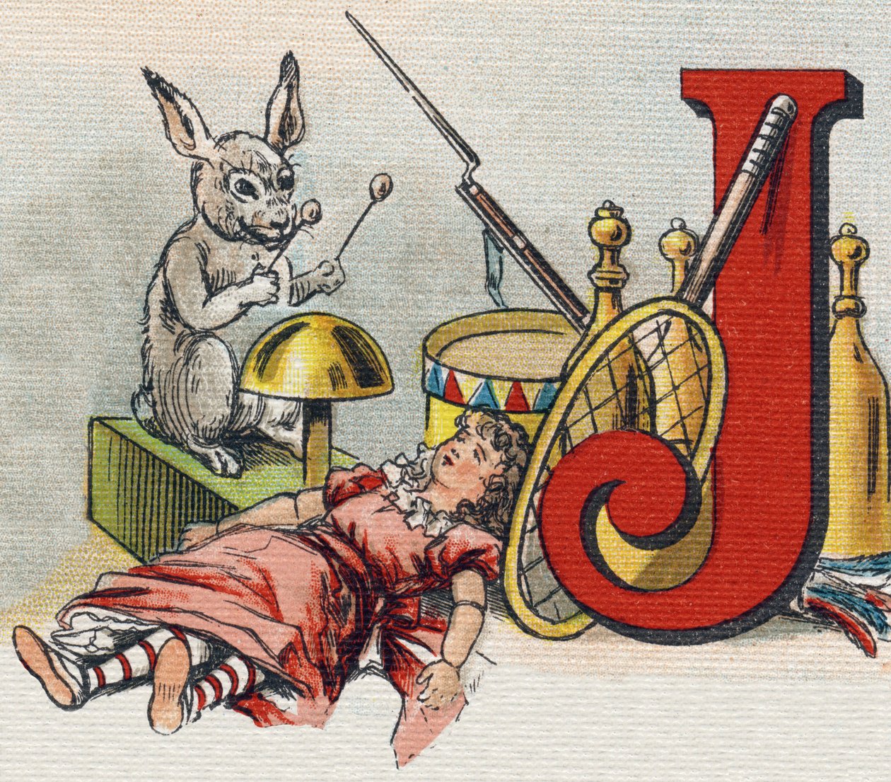 Lettre J : Jouets. Gravure dans « Alphabet de ma petite fille ». Bernardin-Bechet et Fils, libraires-éditeurs, Paris, vers 1895. Album incassable sur toile. Bibliothèque des Bébés. 12 pages. Album contenant une méthode de lecture et un abécédaire illustré - Unbekannt