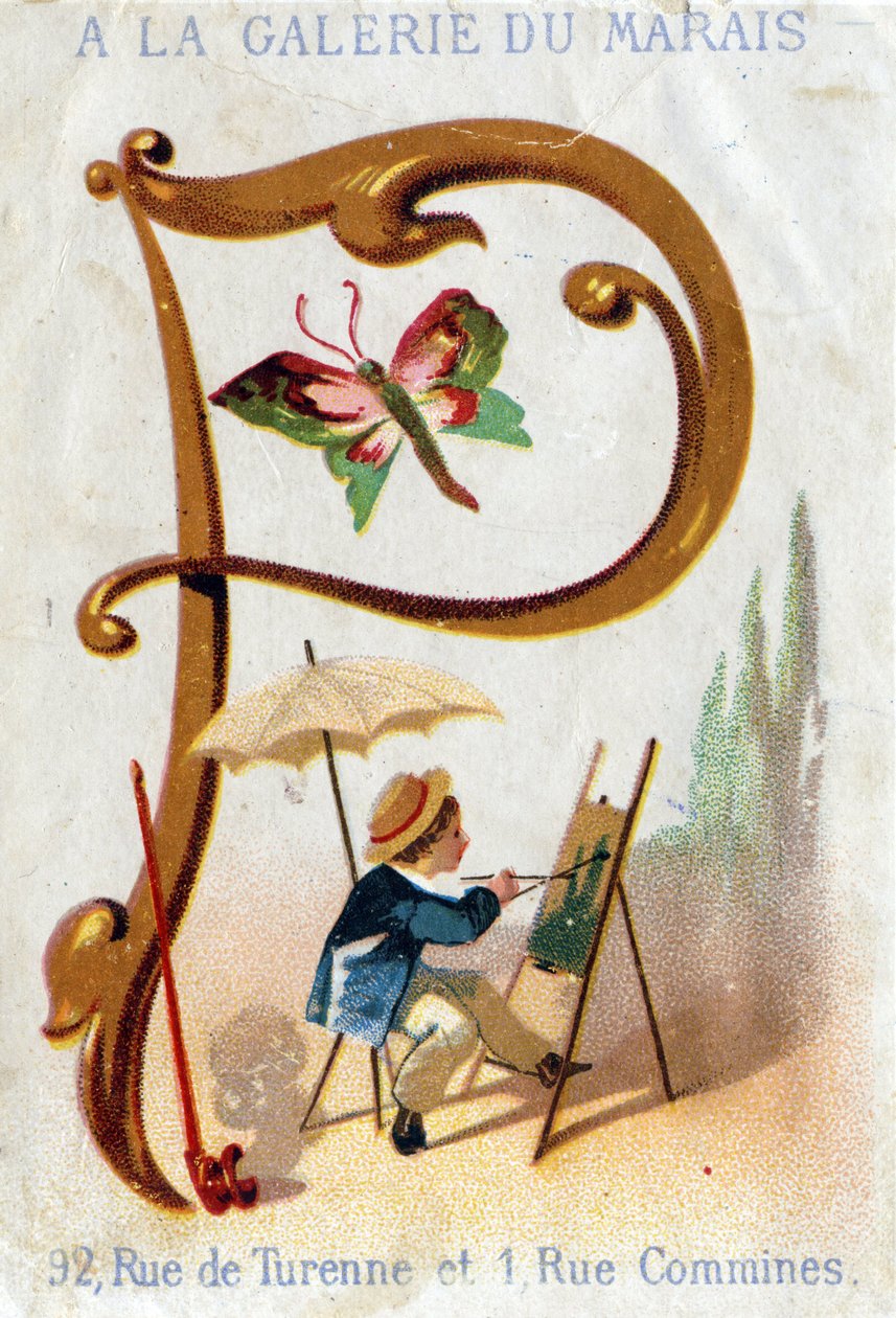 Lettre P : peintre, papillon, parasol, pipe. Alphabet Art Nouveau : Série de 25 chromolithographies publicitaires. Lithographie par Alfred Clarey, fin du 19ème siècle. Dim 115x75mm - Unbekannter Künstler