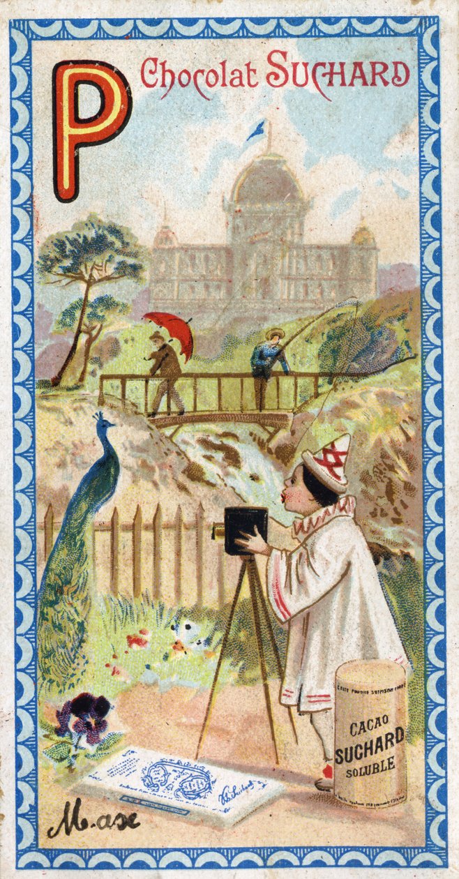 Lettre P : palais, pavillon, parapluie, photographe, pont, pêche, paon, pensée. Gravure de l