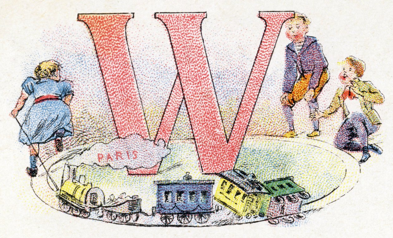 Lettre W : wagon. Alphabet de Phosphatine Falières. Gravure. Alphabet breveté S.G.D.G. par le pharmacien Pierre Émile Falières. Illustrations en chromolithographie, fin du 19e siècle. 16 pages - Unbekannt
