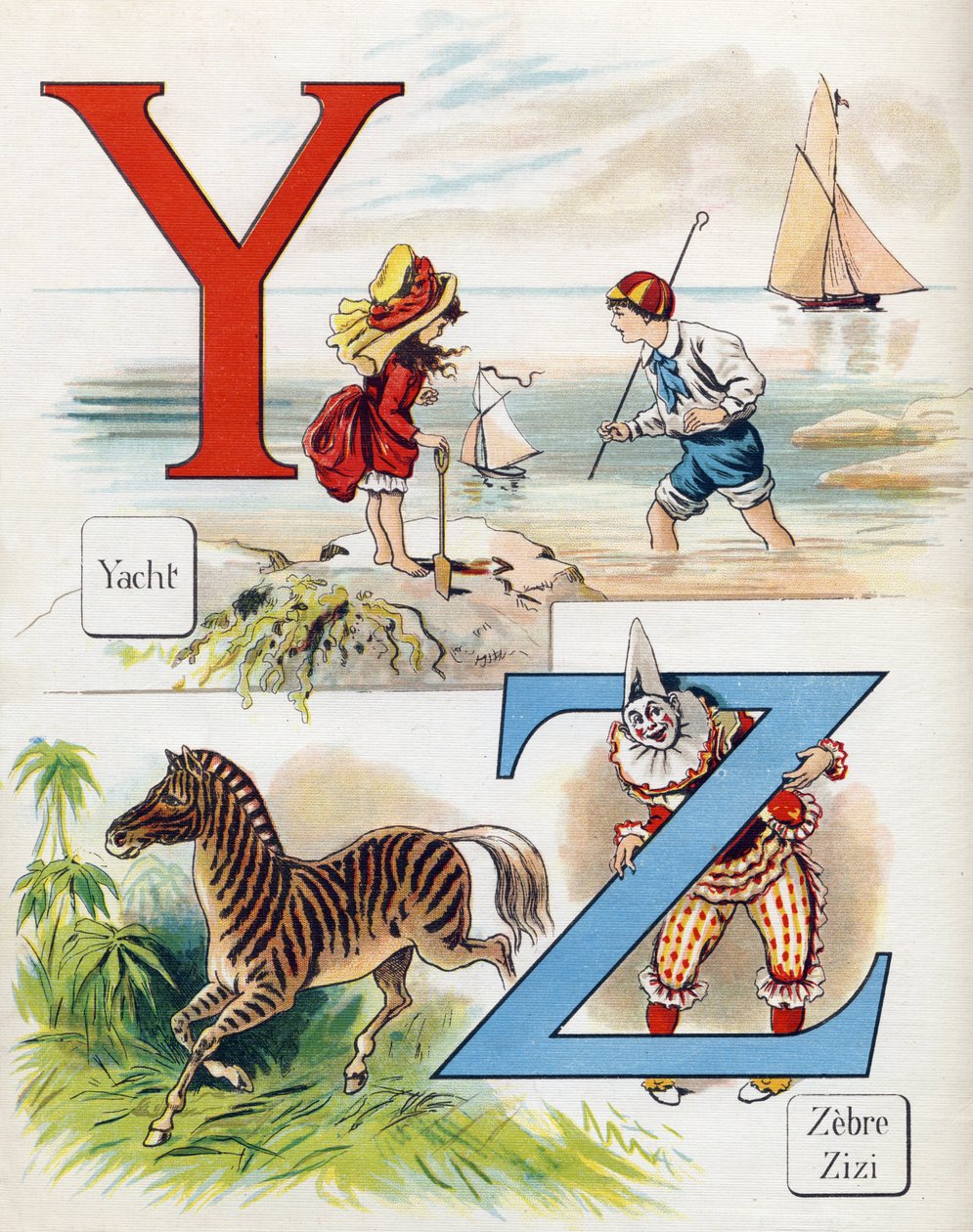 Lettre Y et Z: Yacht, zèbre et Zizi le clown. Gravure dans "ABC L