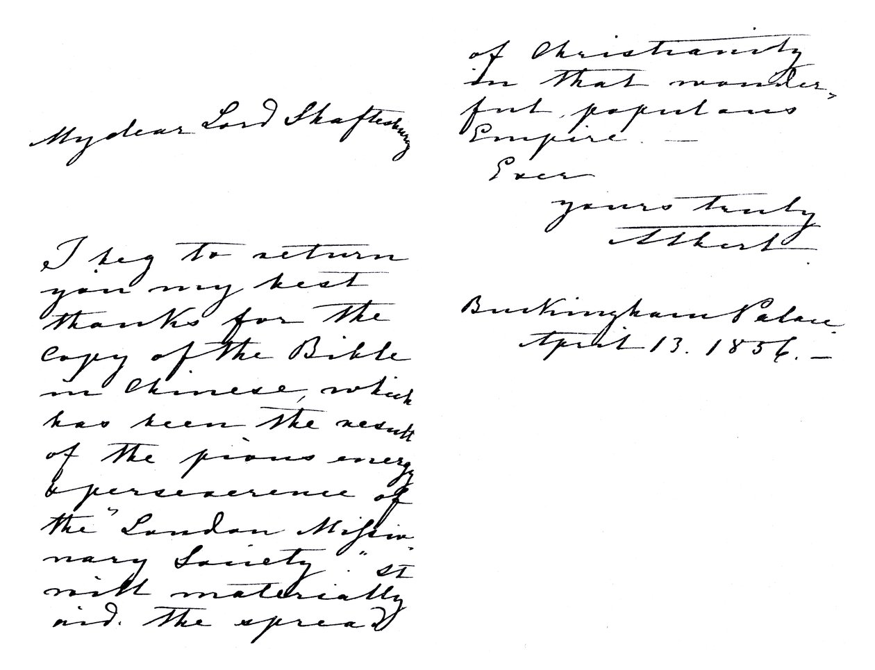 Lettre du prince consort Albert à Anthony Ashley-Cooper, comte de Shaftesbury, le remerciant pour une copie de la Bible en chinois, écrite depuis le palais de Buckingham - Unbekannt