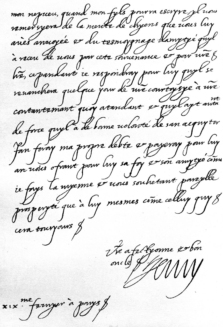 Lettre du roi Henri IV de France à Henri, prince de Galles, le remerciant pour un cadeau de meute de chiens pour son fils, le Dauphin, trop jeune pour écrire en personne, écrite à Paris - Unbekannt