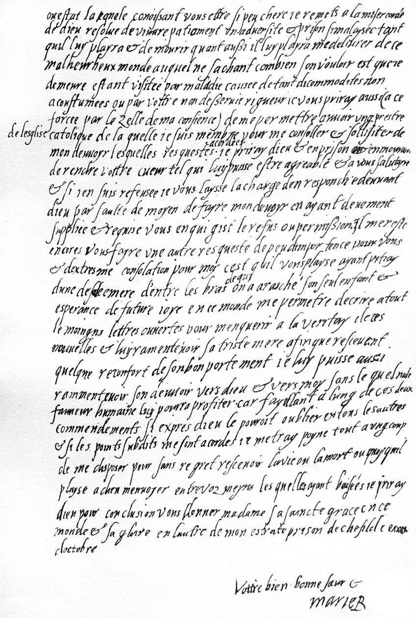 Lettre de Marie Stuart en prison à Sheffield à la reine Élisabeth I d
