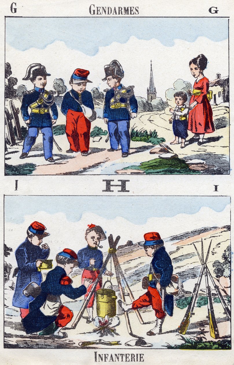 Lettres G H I : gendarmes et infanterie. Gravure dans "Alphabet militaire enfantin". Imagerie de Pont-à-Mousson, vers 1890. 20 pages - Unbekannt