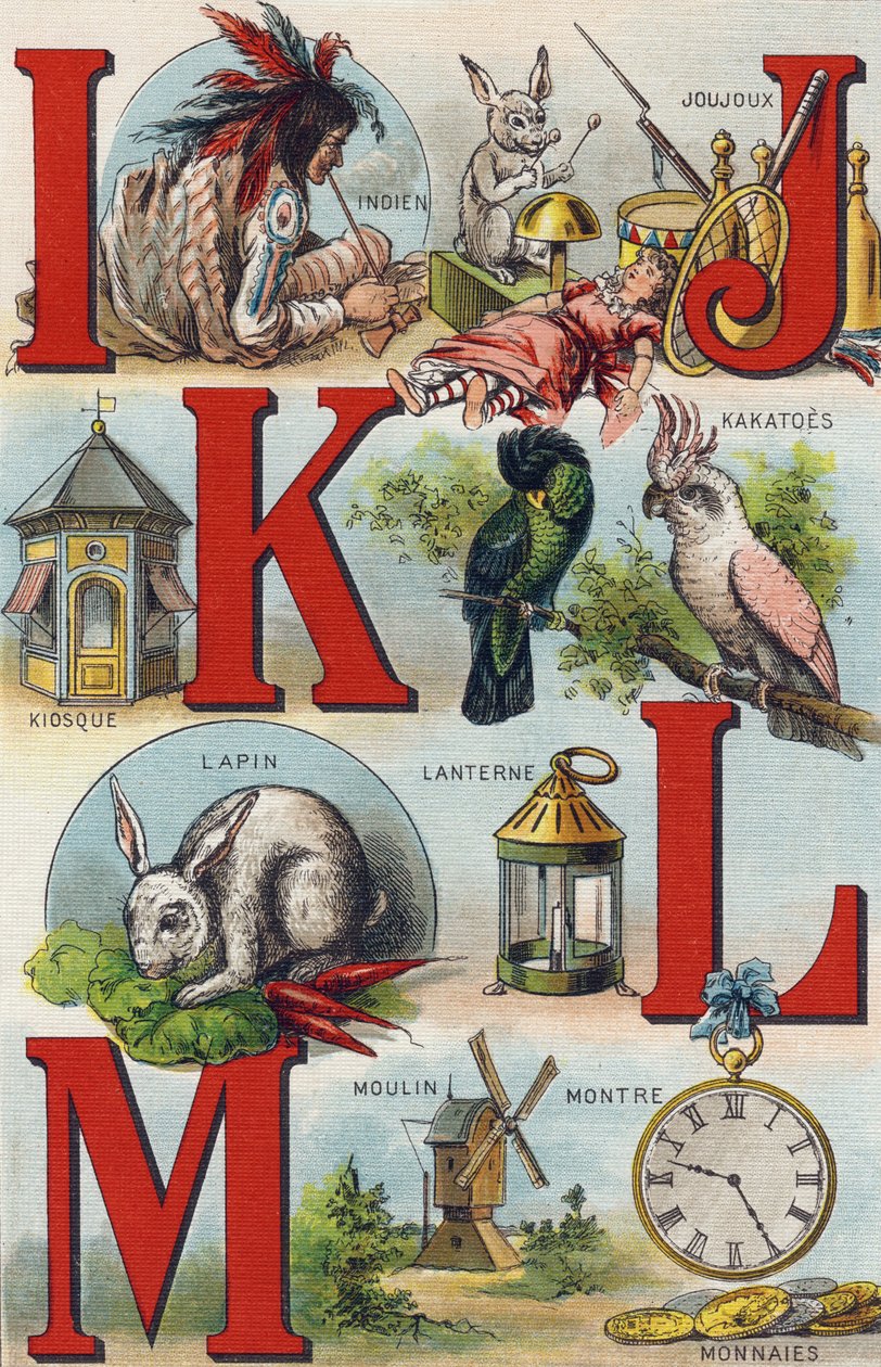 Lettres I J K L : Indien ; Joujoux ; Kakatoes ; Kiosque ; Lanterne ; Lapin ; Montre Pièces ; Moulin. Gravure dans "Alphabet de ma petite fille". Bernardin-Béchet et Fils, libraires-éditeurs, Paris, vers 1895. Album incassable sur toile. Bibliothèque des Bé - Unbekannt