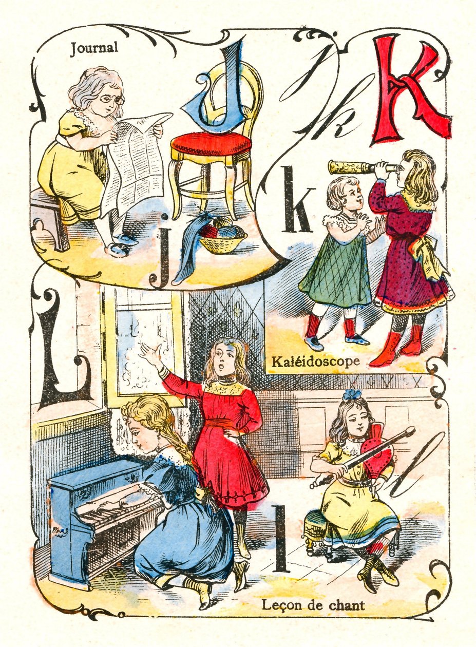 Lettres J K et L comme journal, kaléidoscope et leçon de chant. Gravure dans "Alphabet amusant". Imagerie de Pont-à-Mousson. Impression et édition Louis Vagne, fin du 19ème siècle - Unbekannt