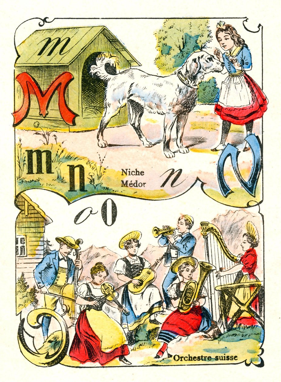 Lettres M N et O comme Médor, Niche et Orchestre Suisse. Gravure dans "Alphabet Amusant". Imagerie de Pont-à-Mousson. Impression et édition Louis Vagne, fin du 19ème siècle - Unbekannt