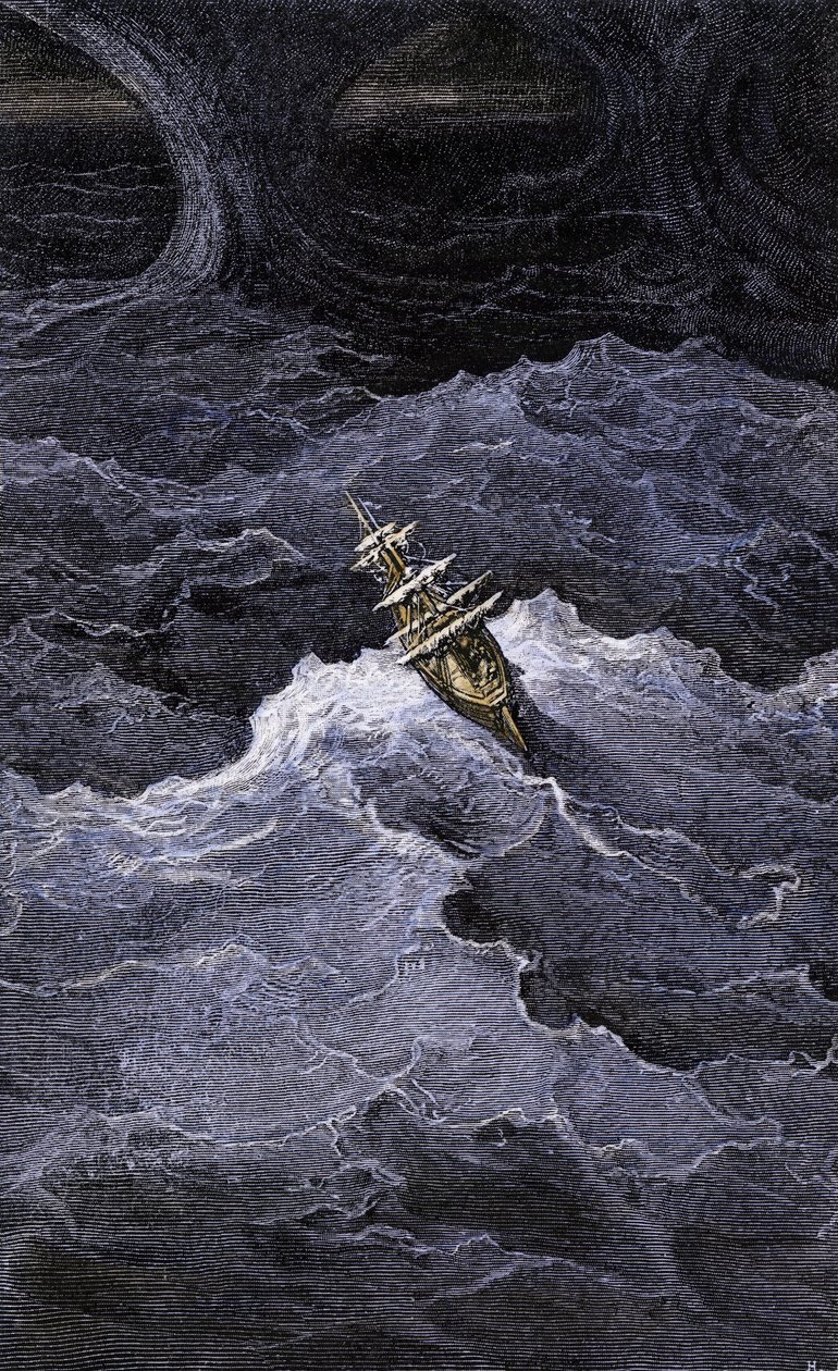 Littérature : Bateau au milieu de la mer. Illustration du roman de Samuel Taylor Coleridge (1772-1834) "Rime of the Ancient Mariner". Gravure en couleur d