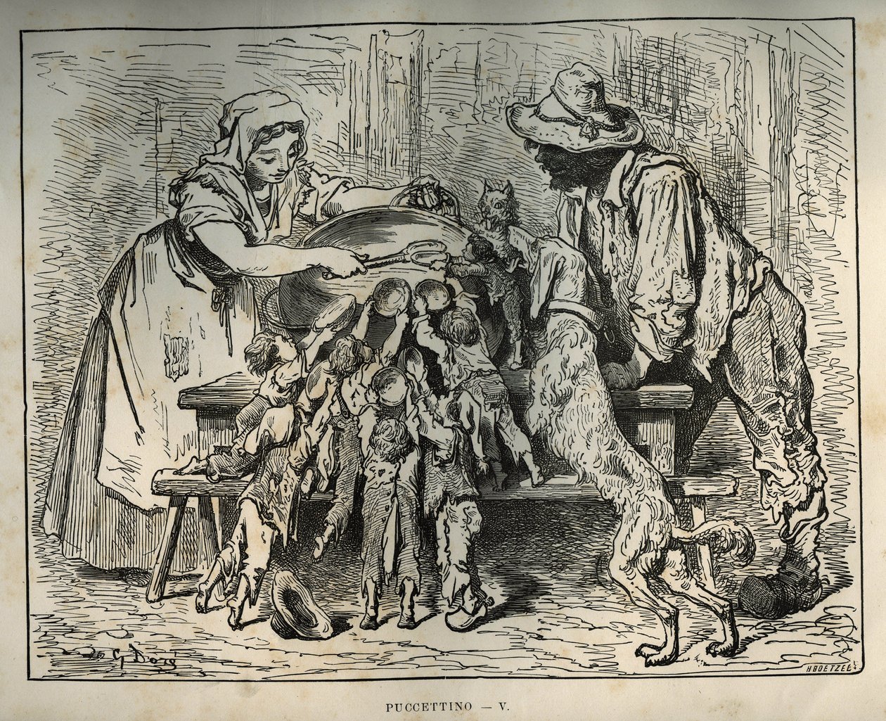 Petit Poulet et ses frères affamés. Gravure de Gustave Doré d