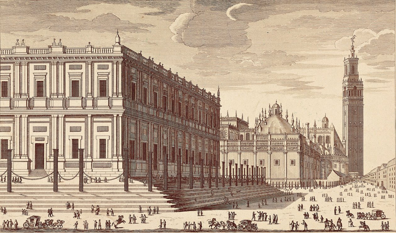 Lonja de Comercio ("Bâtiment de commerce") et vue partielle de la cathédrale de Séville. Gravure. ESPAGNE. MADRID (COMMUNAUTÉ AUTONOME). Madrid. Bibliothèque nationale - Unbekannter Künstler