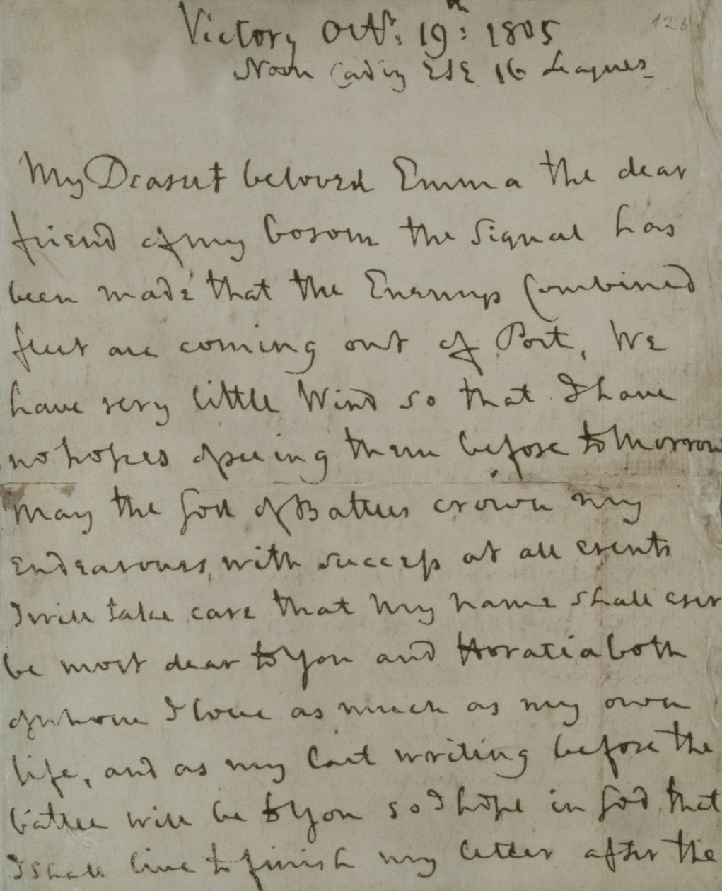 Dernière lettre de Lord Nelson (1758-1805) à Emma Hamilton, écrite depuis le 