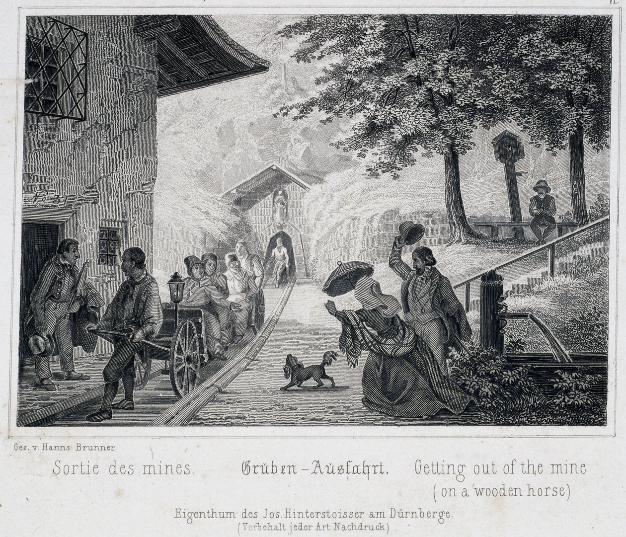 Mine de sel : la sortie des touristes de la mine sur un véhicule en bois tiré sur des rails, à Durrnburg, Autriche, vers 1850 - Unbekannt