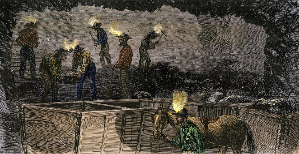 Mineurs creusant la mine et chargeant le charbon dans de petits wagons tirés par des mules en Pennsylvanie. Gravure colorée de 1860. - Unbekannter Künstler