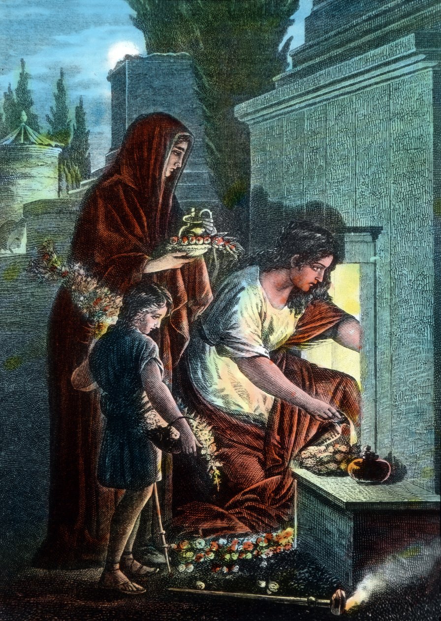 Des pleureurs faisant des sacrifices sur la tombe de leurs bien-aimés dans la zone des catacombes à Rome, Italie - Unbekannter Künstler