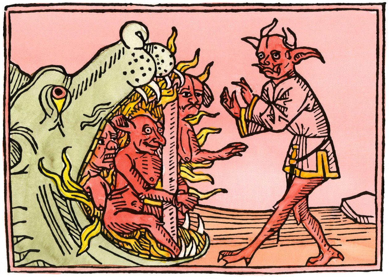 Mythes et légendes : Bouche du dragon en enfer brûlant des démons. Gravure colorée d