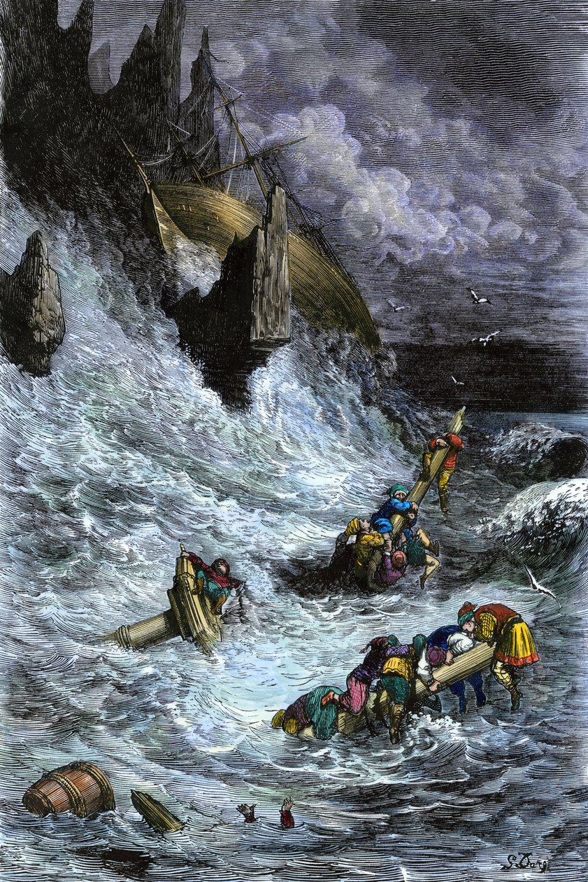 Mythes et légendes : Sinbad et ses compagnons après les Mille et Une Nuits. Gravure en couleur de Gustave Doré. - Unbekannter Künstler