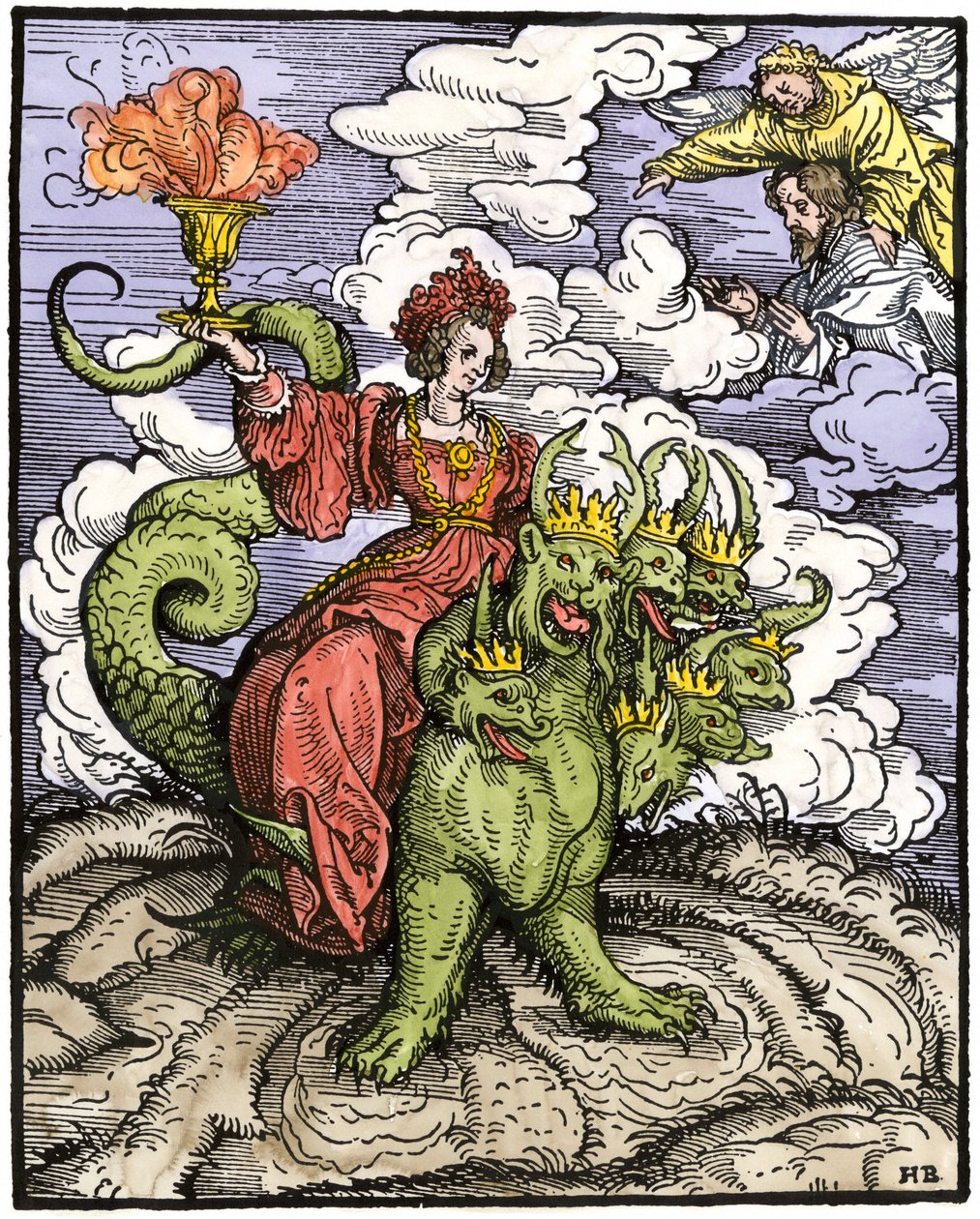 Mythes et légendes : La Grande Prostituée de Babylone chevauchant le dragon à 7 têtes. Gravure colorée du Nouveau Testament. Imprimée à Augsbourg. - Unbekannter Künstler
