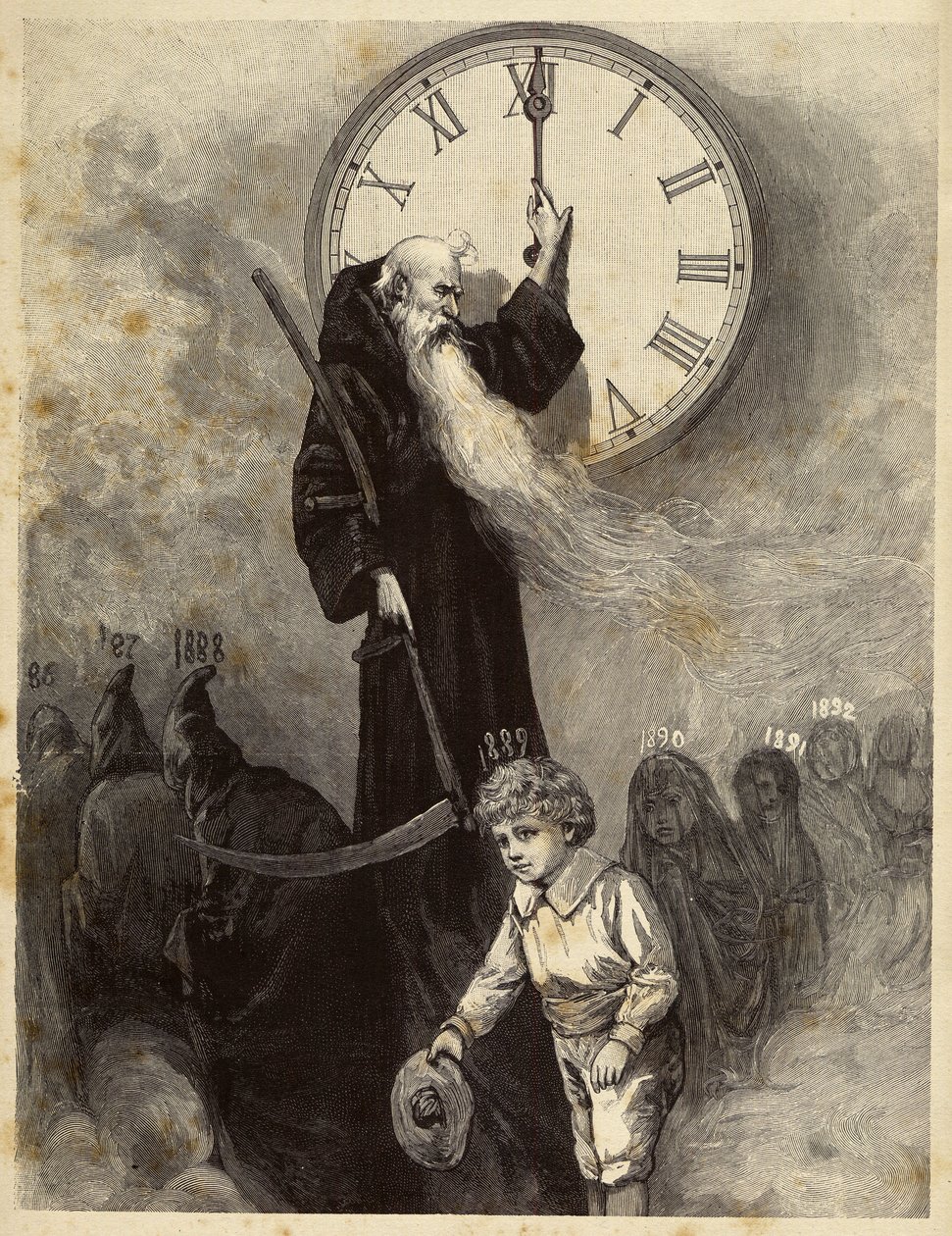 Allégorie du Nouvel An 1889 représentant une vieille voûtée, symbolisant l