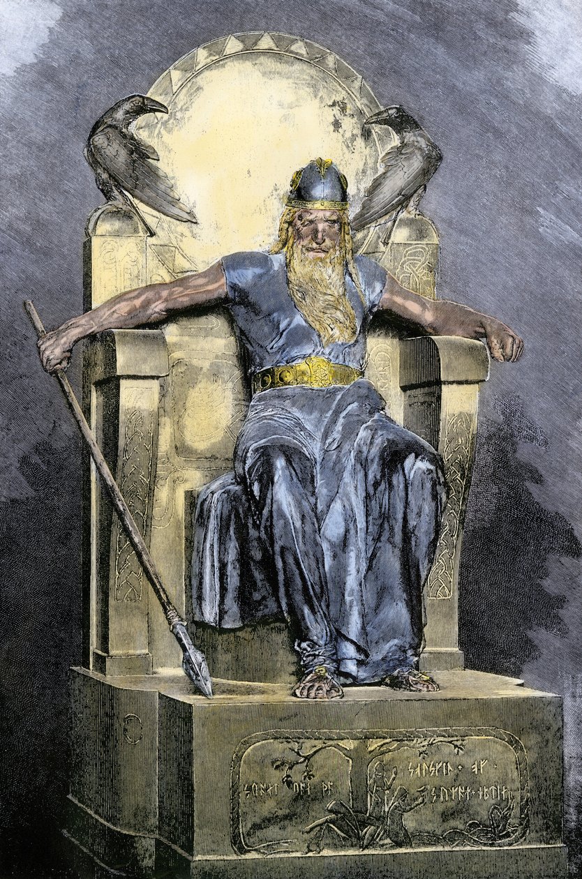 Mythologie nordique : représentation de la divinité Wotan (Odin). Gravure en couleur du 19ème siècle - Unbekannter Künstler