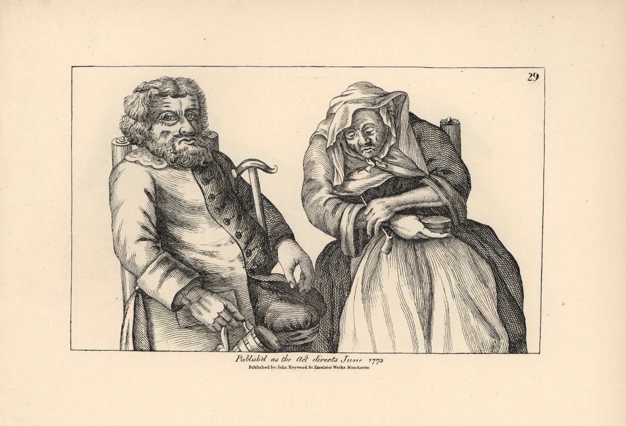 Vieux Darby avec une chope vide et Joan avec sa pipe à tabac. Gravure sur cuivre d