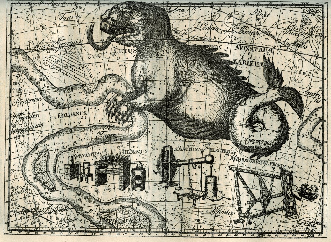 Une des dernières constellations du sud visibles en France est celle de la Baleine, représentée comme un animal fantastique avec une langue fourchue et une longue queue. Au sud de la Baleine, les cartes célestes contiennent trois constellations modernes :  - Unbekannt