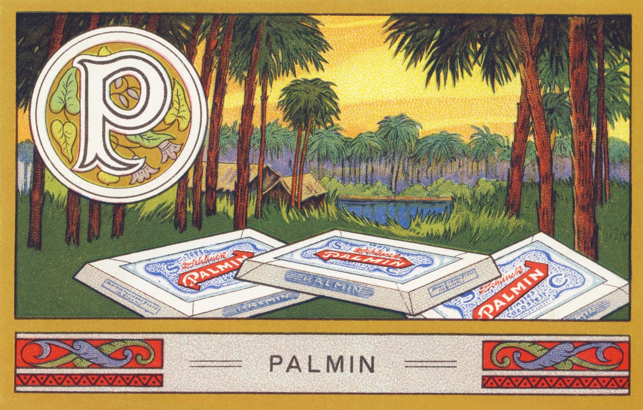 P : Palmin - Alphabet Palmin. Série de chromolithographies éditées par H. Schlinck & Cie, Hambourg, s. d. Publicité pour Palmin feinstes Cocosfett. Dimensions : 7 x 11 cm - William M. Timlin