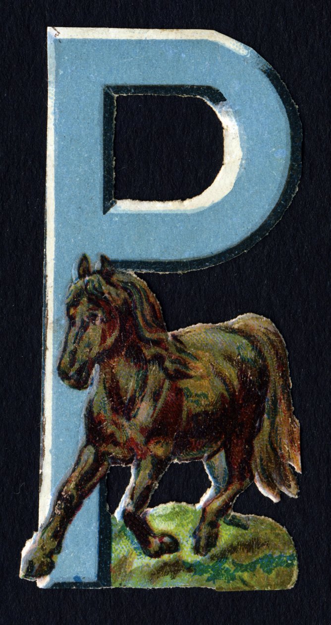 P comme Poney. Découpis de coléoptères sur le thème des animaux. Gravure. Série de 26 chromolithographies gaufrées d