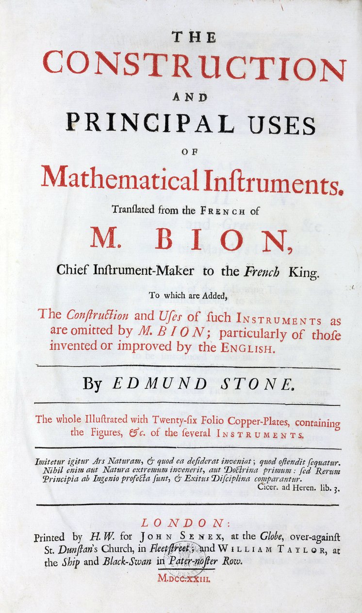 Page de titre du livre de Nicolas Bion (1652-1933) sur les instruments mathématiques, traduction anglaise, avec ajout des améliorations anglaises, éditée à Londres en 1723 - Unbekannt