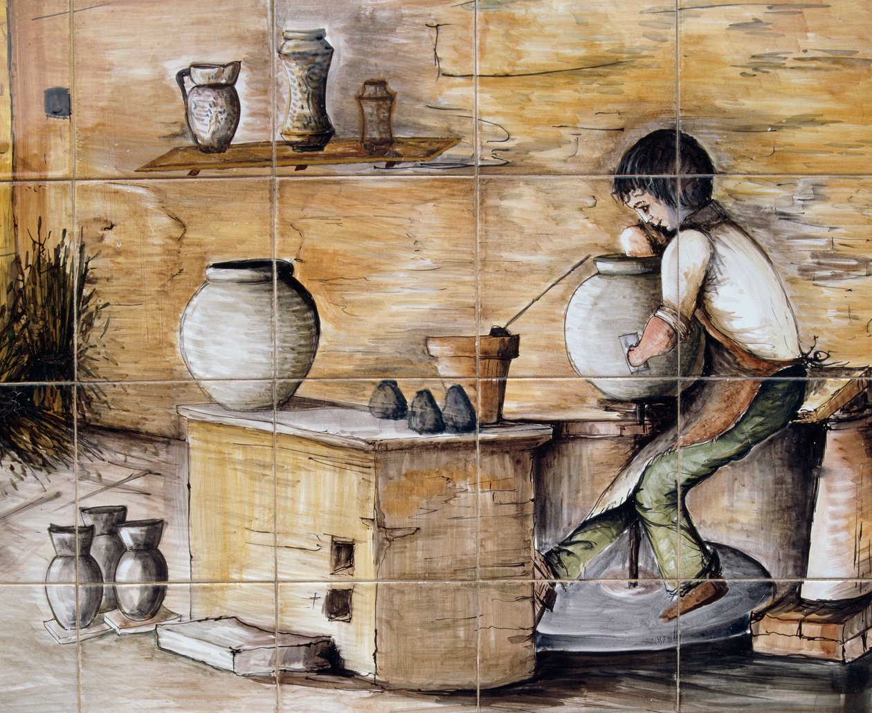 Panneau en majolique peint représentant une scène de fabrication de poterie, fabriqué à la main par Ceramiche Desuir, Santo Stefano di Camastra, Sicile, Italie, Détail - William M. Timlin
