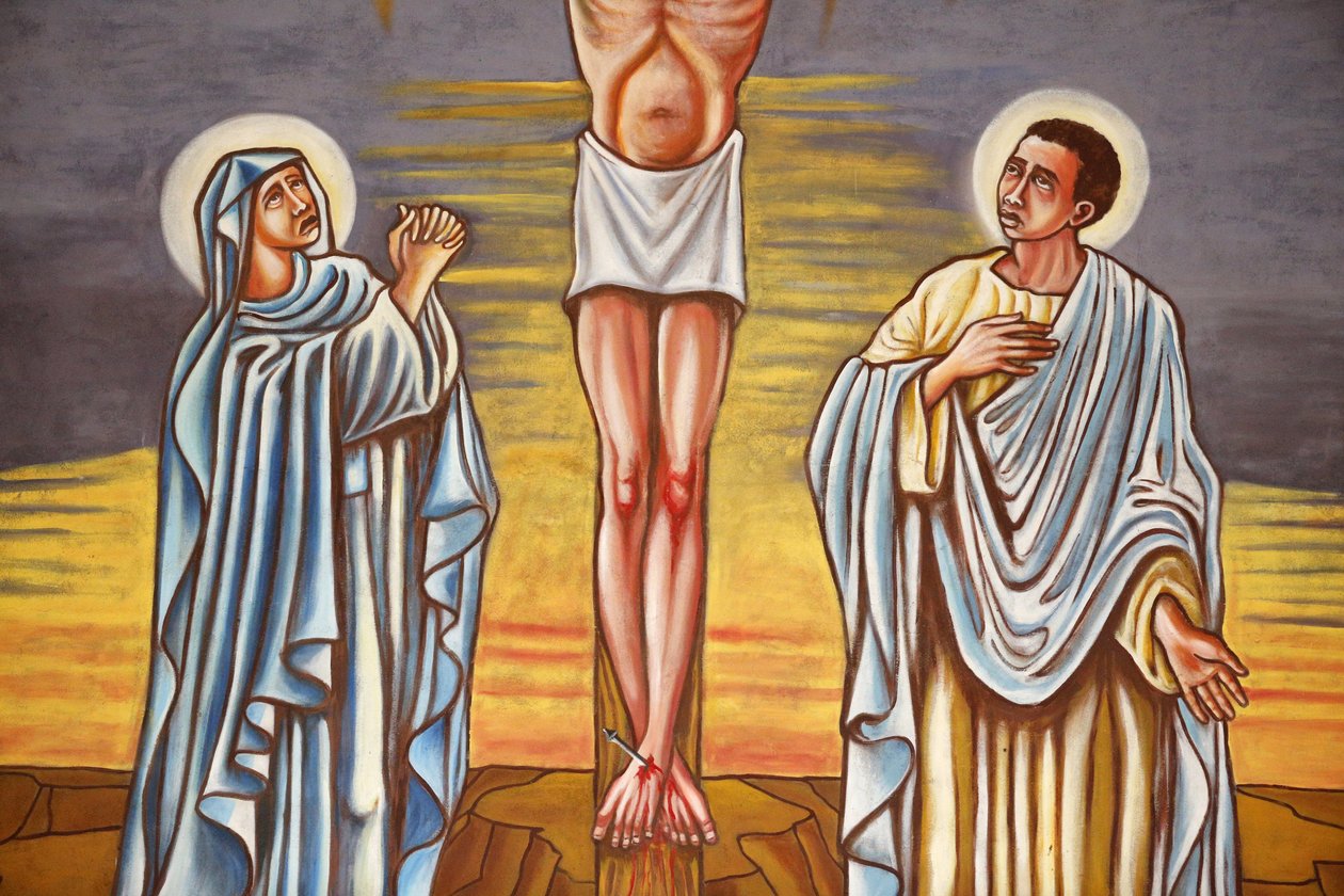 Peinture. La crucifixion de Jésus-Christ. La Vierge Marie et Saint Jean - Unbekannt