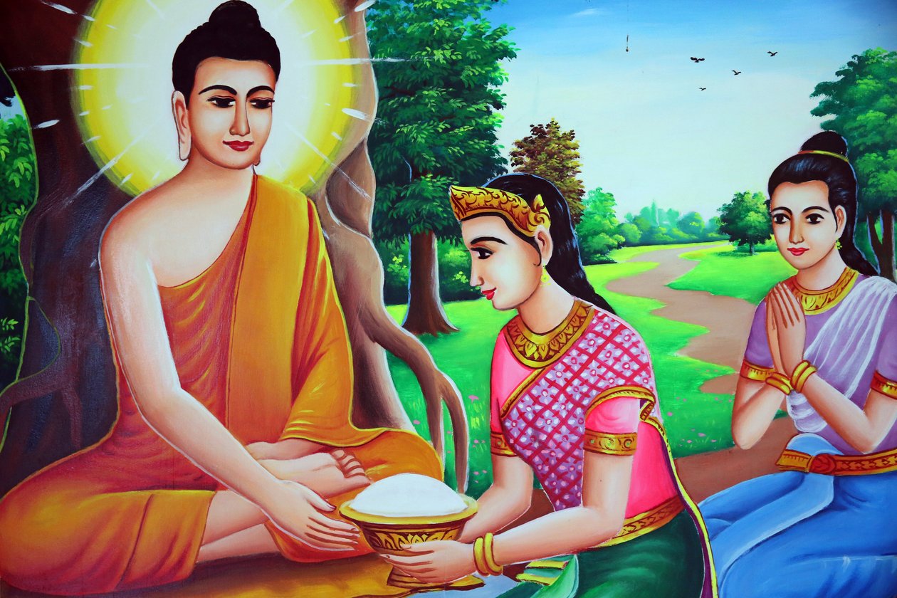 Peinture représentant Bouddha recevant des offrandes. Cambodge - Unbekannt