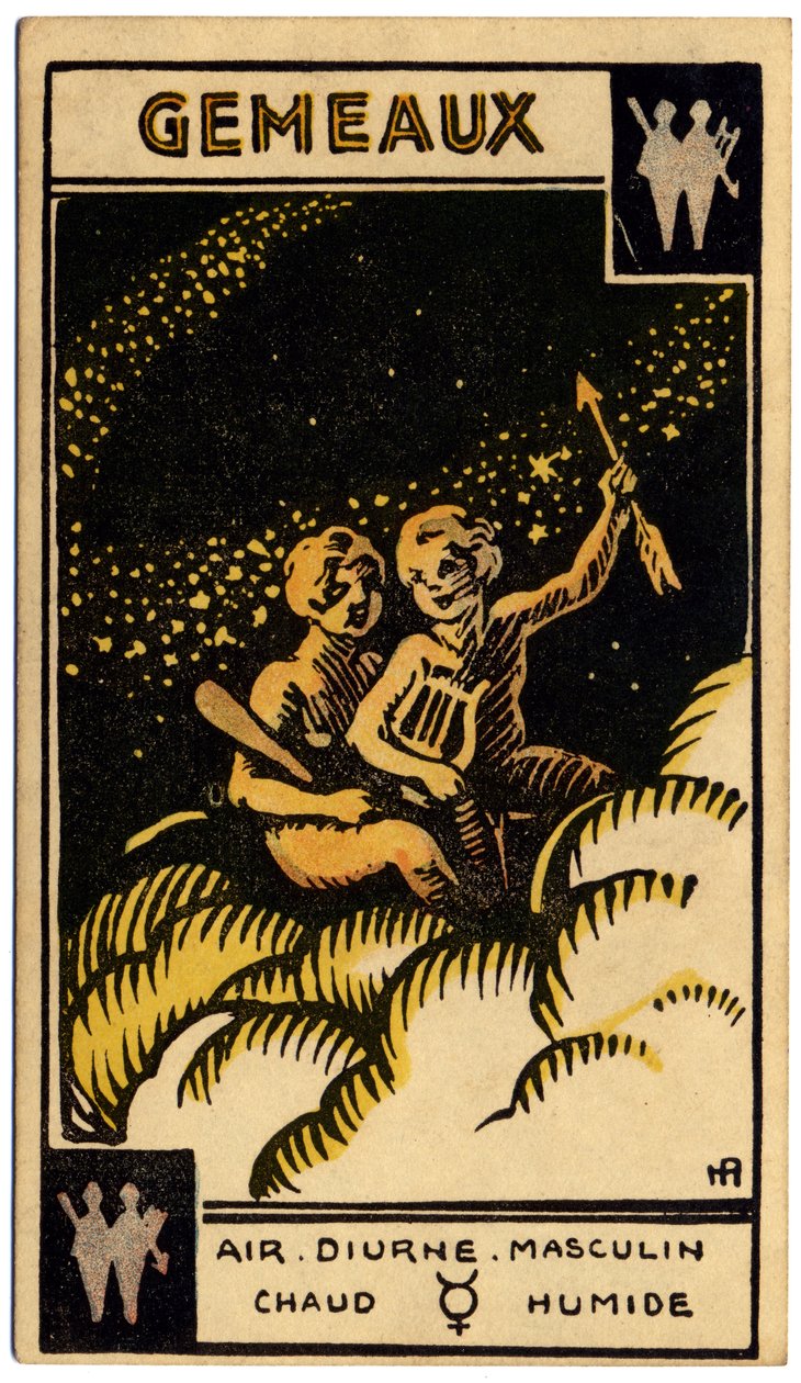 Paranormal. Astrologie. Gémeaux (les Jumeaux). Carte astrologique de : Le Tarot Astrologique, par Georges Muchery, France - Unbekannter Künstler