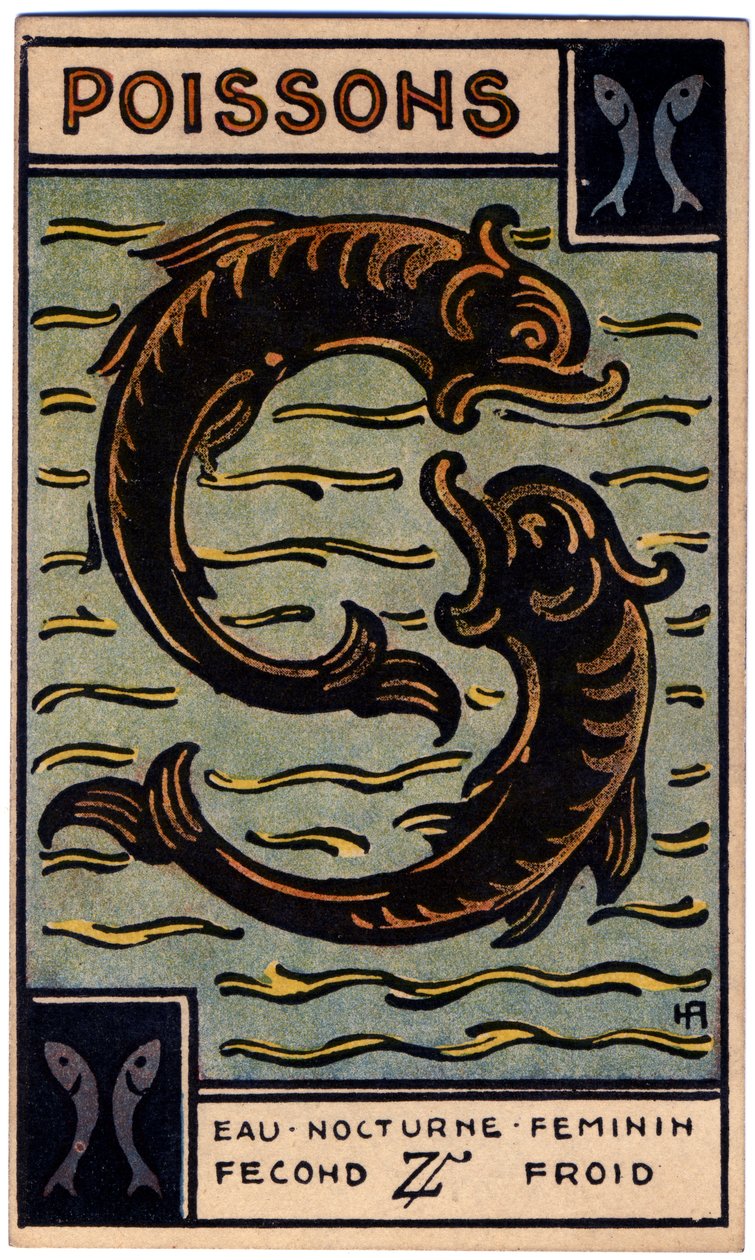Paranormal. Astrologie. Poissons (le Poisson). Carte astrologique de : Le Tarot Astrologique, par Georges Muchery, France - Unbekannter Künstler