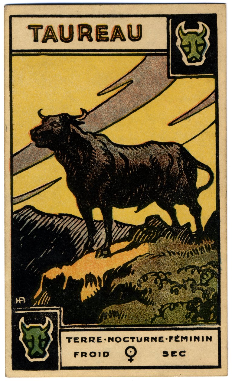 Paranormal. Astrologie. Taureau (le Taureau). Carte astrologique de : Le Tarot Astrologique, par Georges Muchery, France - Unbekannter Künstler