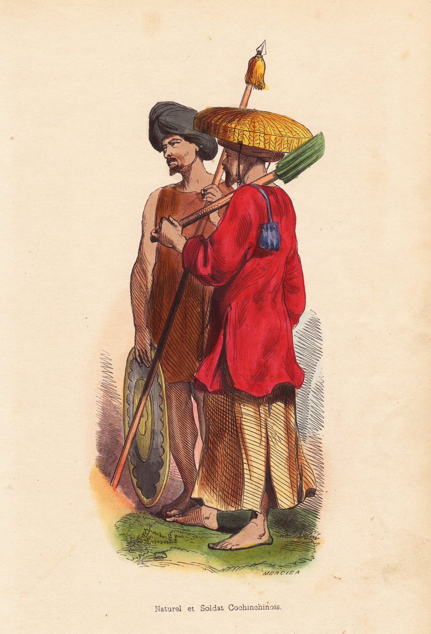 Paysans et soldats cochinchinois (Vietnam) - Hommes du Vietnam (Cochinchine) : soldat avec turban, bouclier et lance, et fermier avec chapeau de paille, tunique et pelle - Unbekannter Künstler