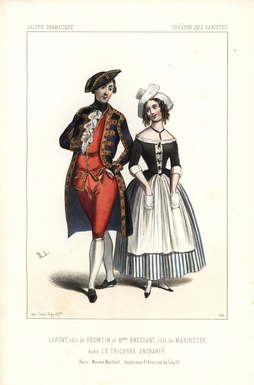 Pierre-Chéri Lafont dans le rôle de Frontin et Madame Bressant ou Augustine Dupont en tant que Marinette dans "Le Tricorne Enchanté" de Théophile Gautier, Théâtre des Variétés - Unbekannter Künstler