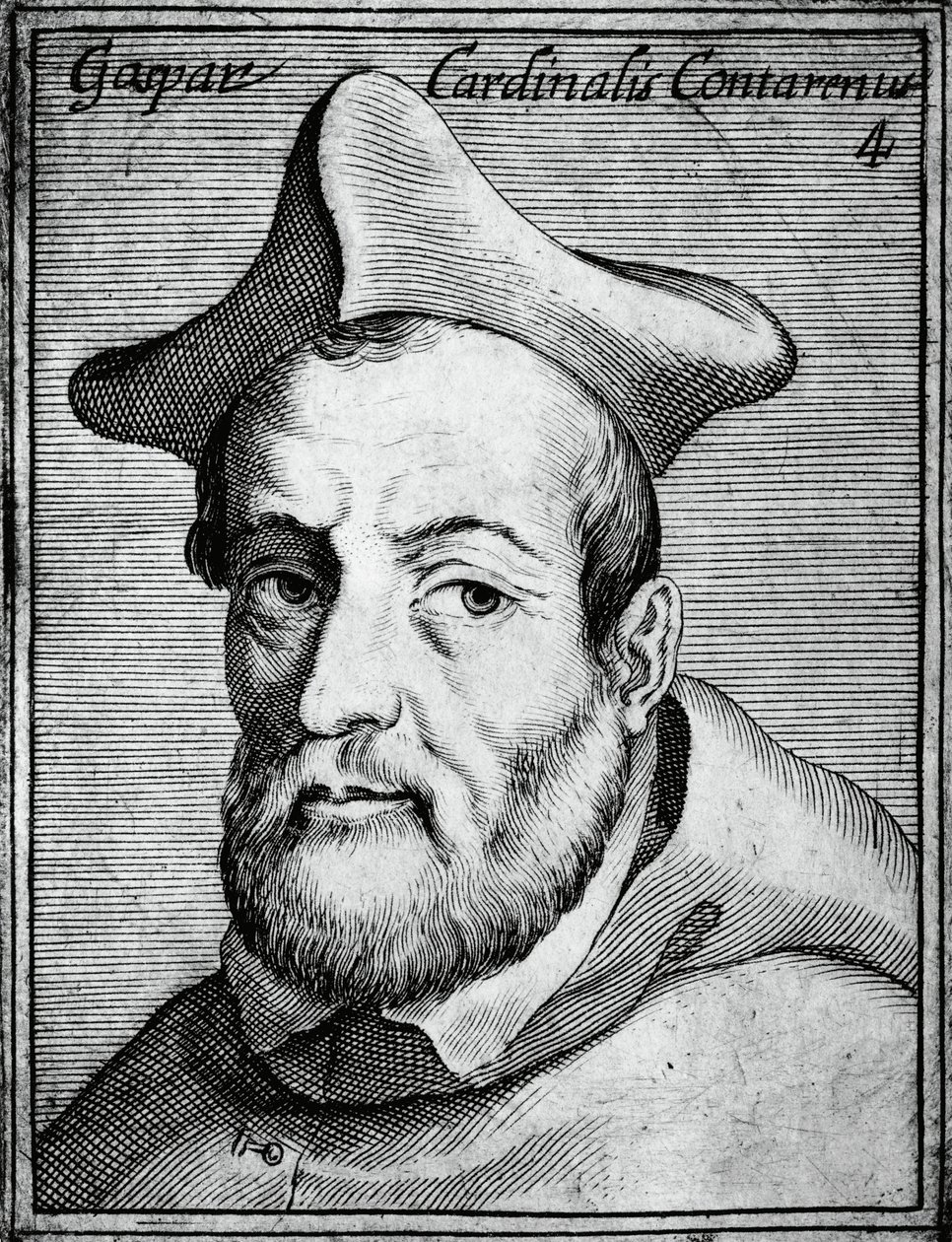 Portrait de Gasparo Contarini (1483-1542), cardinal et évêque italien, gravure tirée de Illustrissimorum, omnique virtutis, et scientiarum laude praestantissimoru virorum icones, par Claudius Pernetus - William M. Timlin