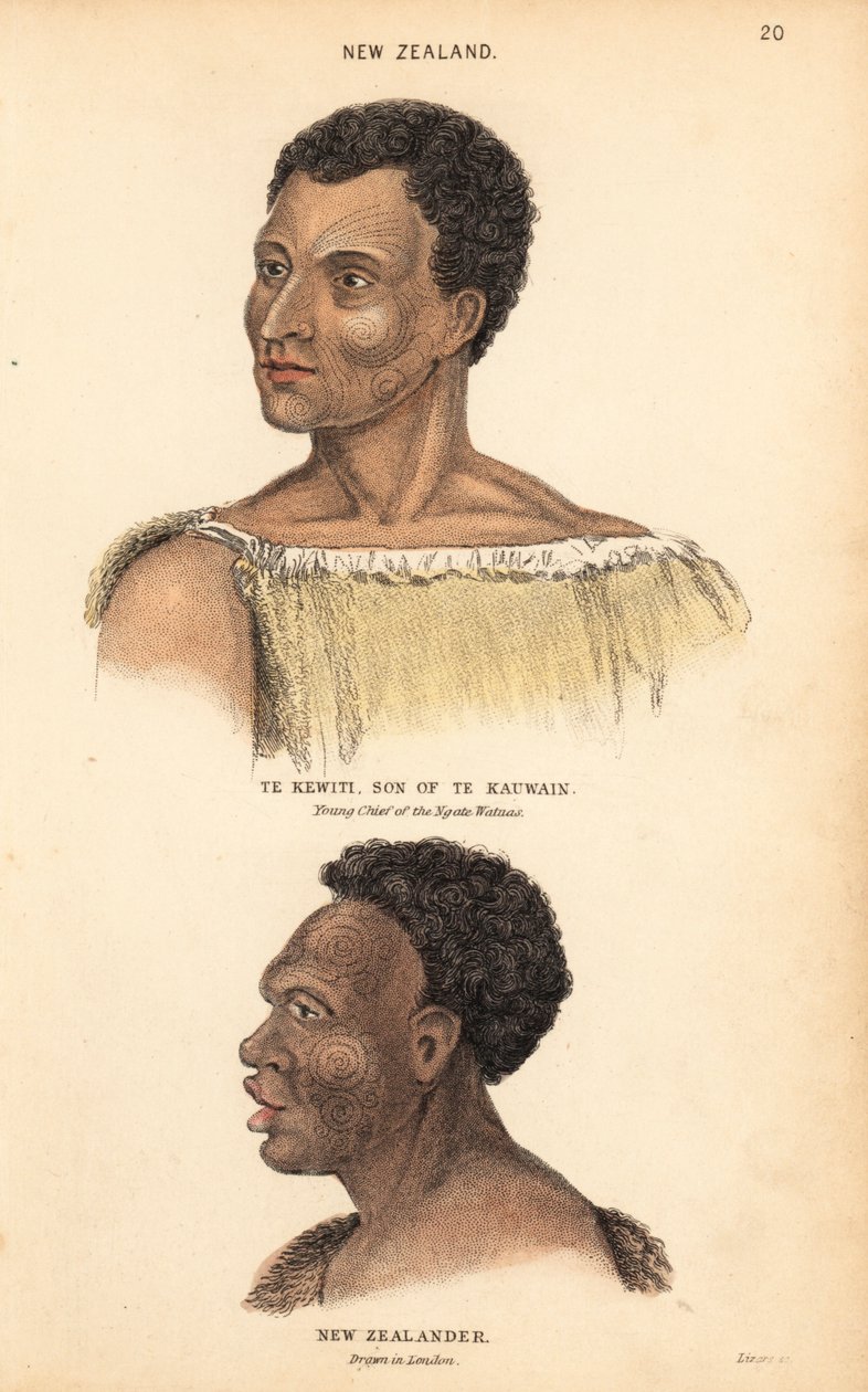 Portrait de Te Kewiti, fils de Te Kauwain, jeune chef des Maori Ngate Watnas, Nouvelle-Zélande, et portrait d