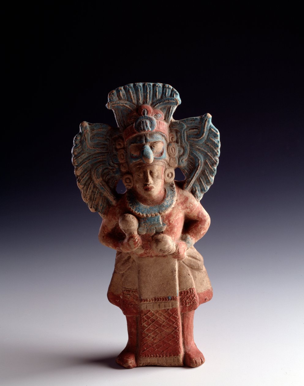 Art précolombien, civilisation maya, période classique tardive : statuette anthropomorphe en argile représentant une figure debout, fonction d