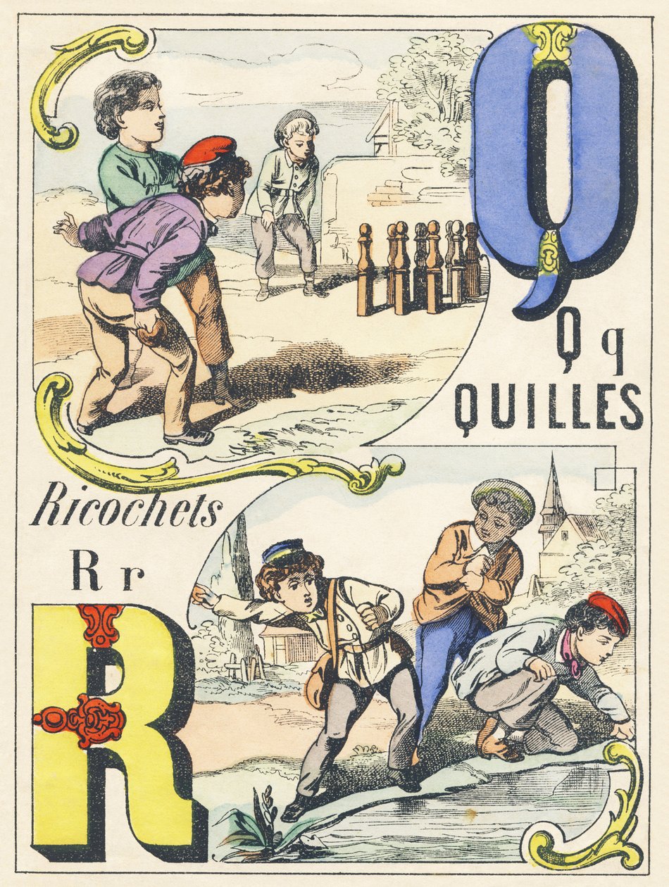 Q R : quilles, ricochets - Alphabet des jeux, vers 1890 (illustration) - Unbekannt