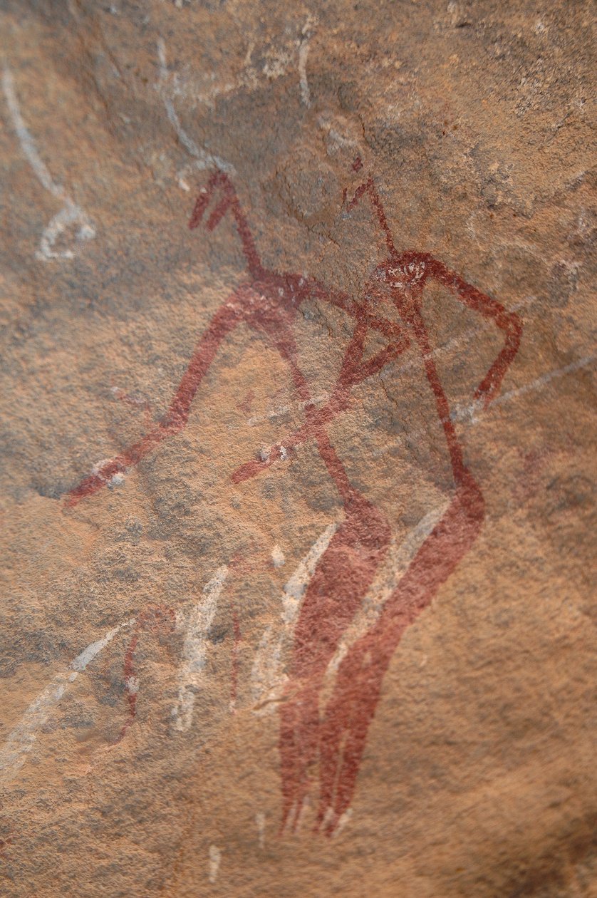 Art rupestre, Préhistoire : Peinture rupestre de deux personnages longilignes dans un abri orné dans les montagnes de l