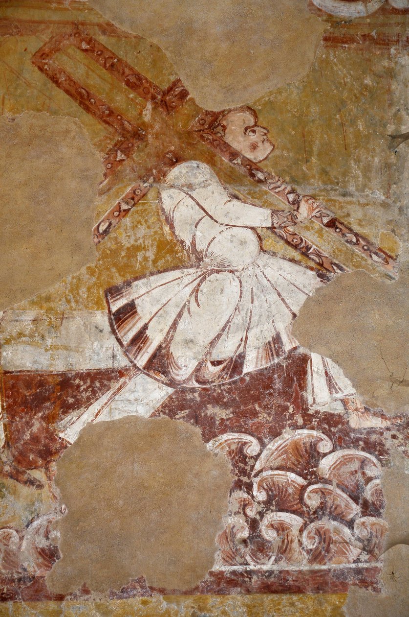 Art roman : Simon de Cyrène porte la croix du Christ. Vue de détail des fresques du chœur "La vie du Christ" (XIIIe siècle) de l