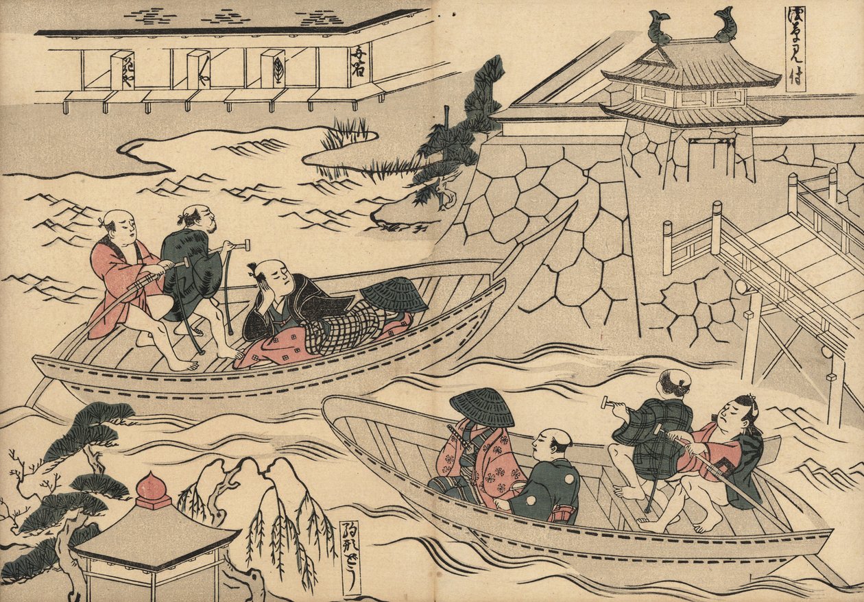 Samouraï traversant la rivière (à Akasaka Mitsuke) en bateau en route vers les quartiers de plaisir de Yoshiwara. Estampe sur bois par Masanobu Okumura (1686-1764) de "Fuzoku Emakimono, Rouleau Illustré du Commerce de l