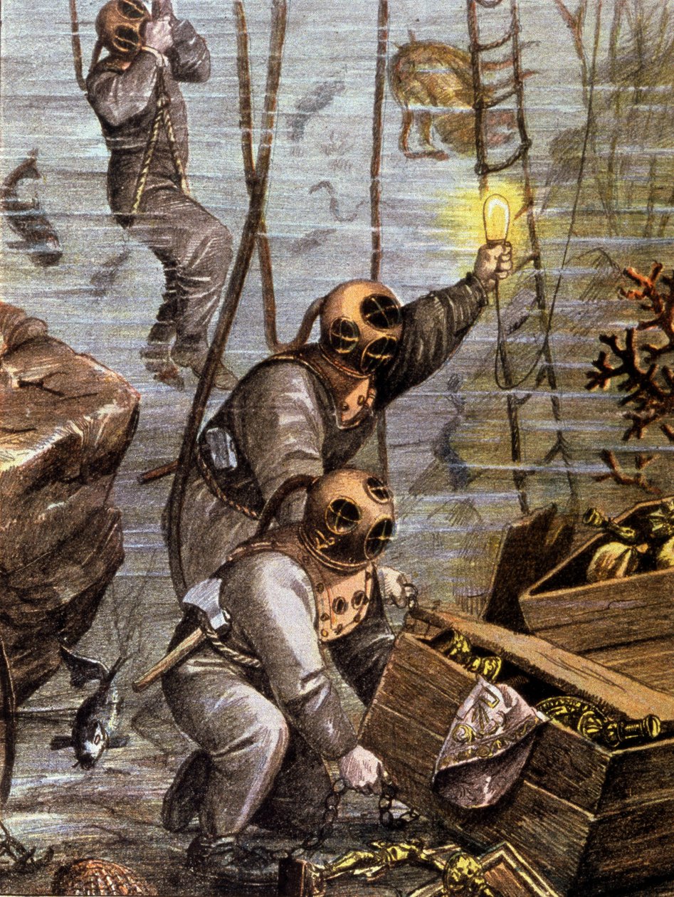 Plongeur découvrant un trésor sous-marin, début du 20e siècle - Unbekannter Künstler