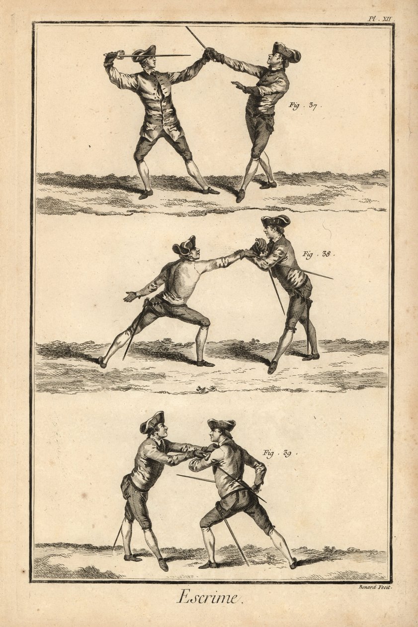 Deuxième position du désarmement en tierce, désarmement sur la carte ou seconde estocade, et deuxième position du désarmement sur la carte. Gravure sur cuivre par Robert Benard de la section Escrime de l