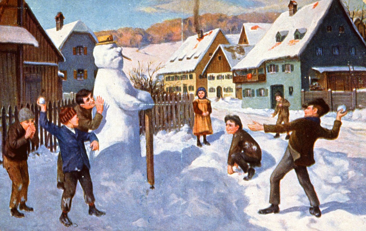 Bonhomme de neige et enfants jouant, vers 1910 - Unbekannter Künstler