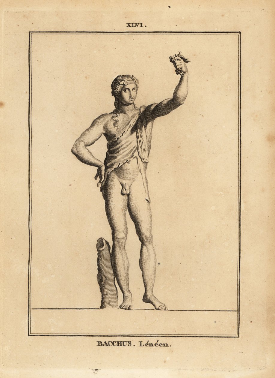Statue de Bacchus Lenaios, le dieu romain du vin, nu sauf pour une peau de lion, pressant une grappe de raisin - Unbekannt
