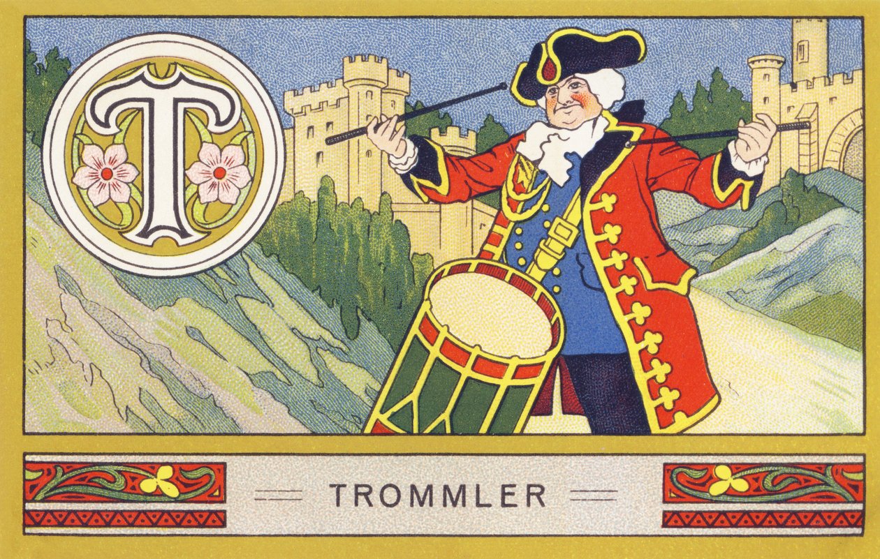 T : Trommler - Alphabet Palmin. Série de chromolithographies éditées par H. Schlinck & Cie, Hambourg, s. d. Publicité pour Palmin feinstes Cocosfett. Dimensions : 7 x 11 cm - William M. Timlin